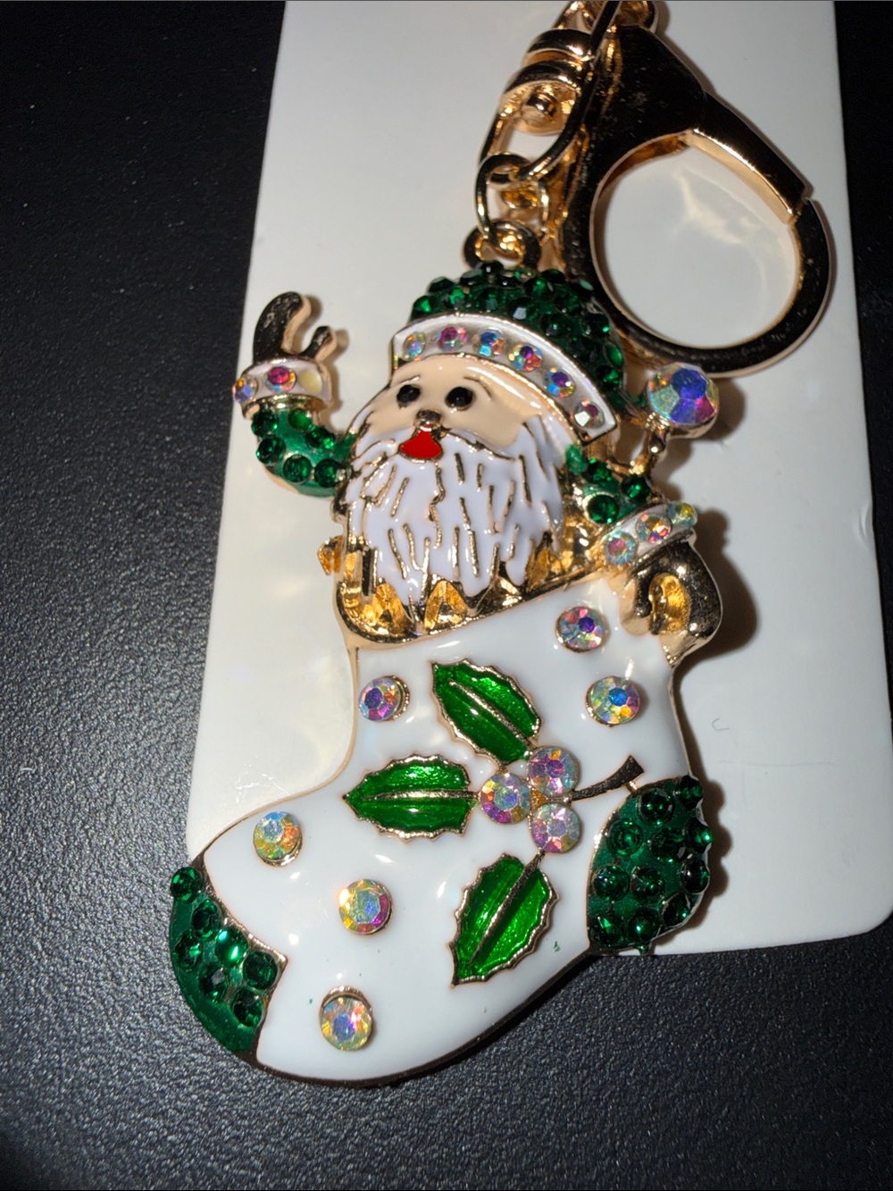 Mint Green & White Santa Stocking Keychain with Crystal Accents - Mint